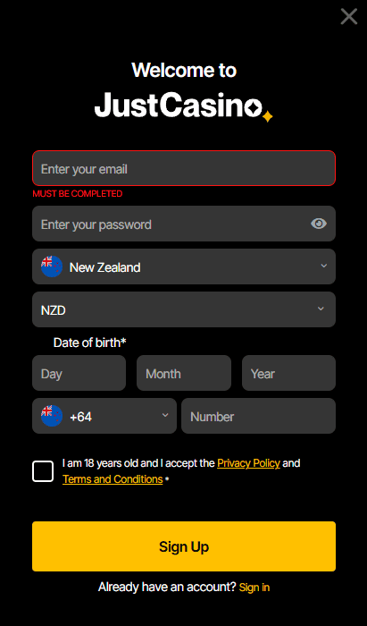 Registration at Just casino